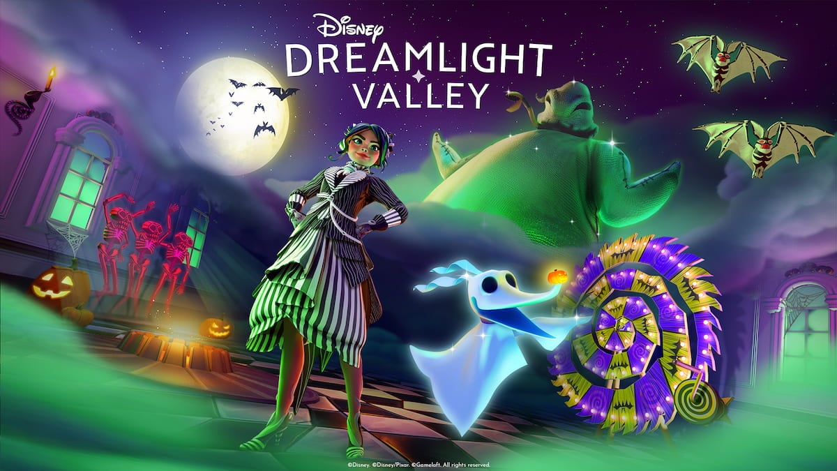 Season of scares update art featuring player standing with Zero and oogie boogie lurking in the background in disney dreamlight valley