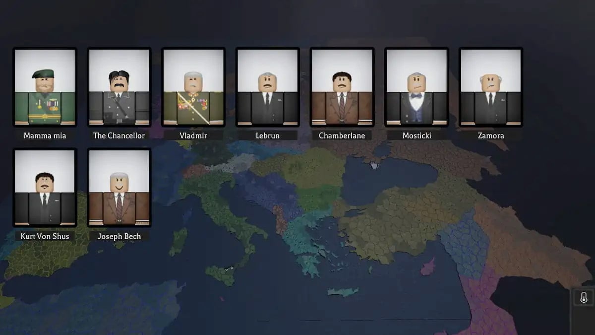 Shadows of Conflict game screenshot showing a map of Europe with several selectable political and military leader portraits displayed across the top.