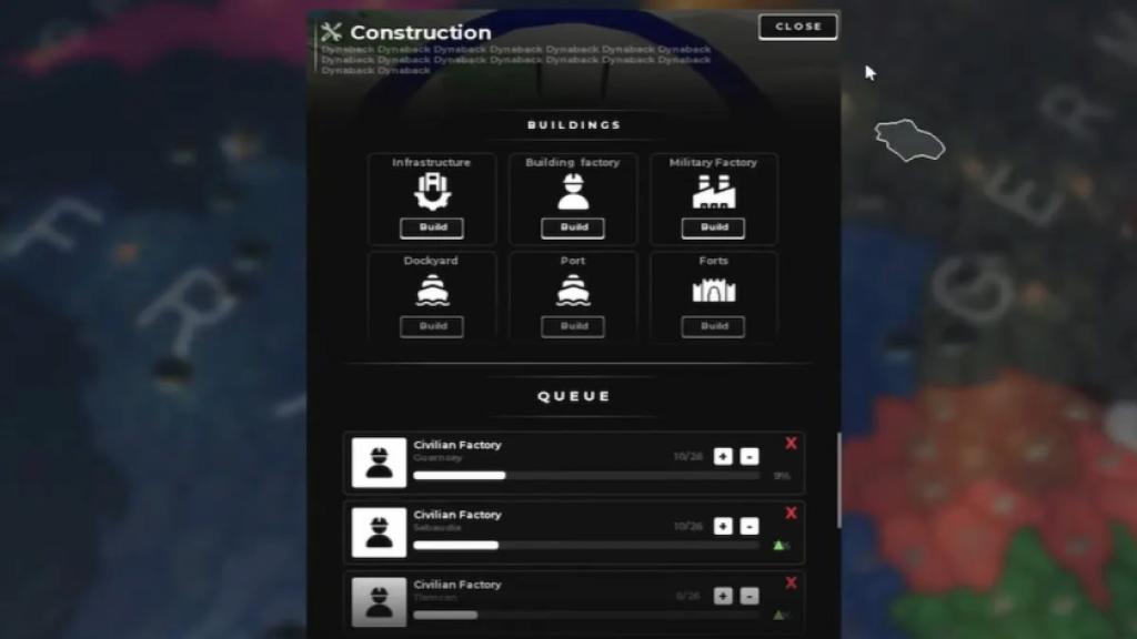 Shadows of Conflict game screenshot showing the Construction menu, where players can build infrastructure, factories, ports, forts, and manage the construction queue.