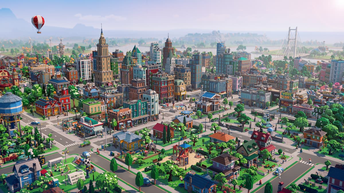 Aerial view of a massive town in LEGO Skylines.