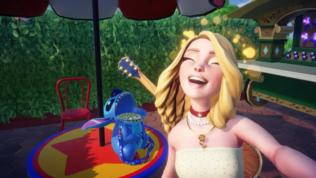 Smiling by a stitch popcorn bucket in disney dreamlight valley