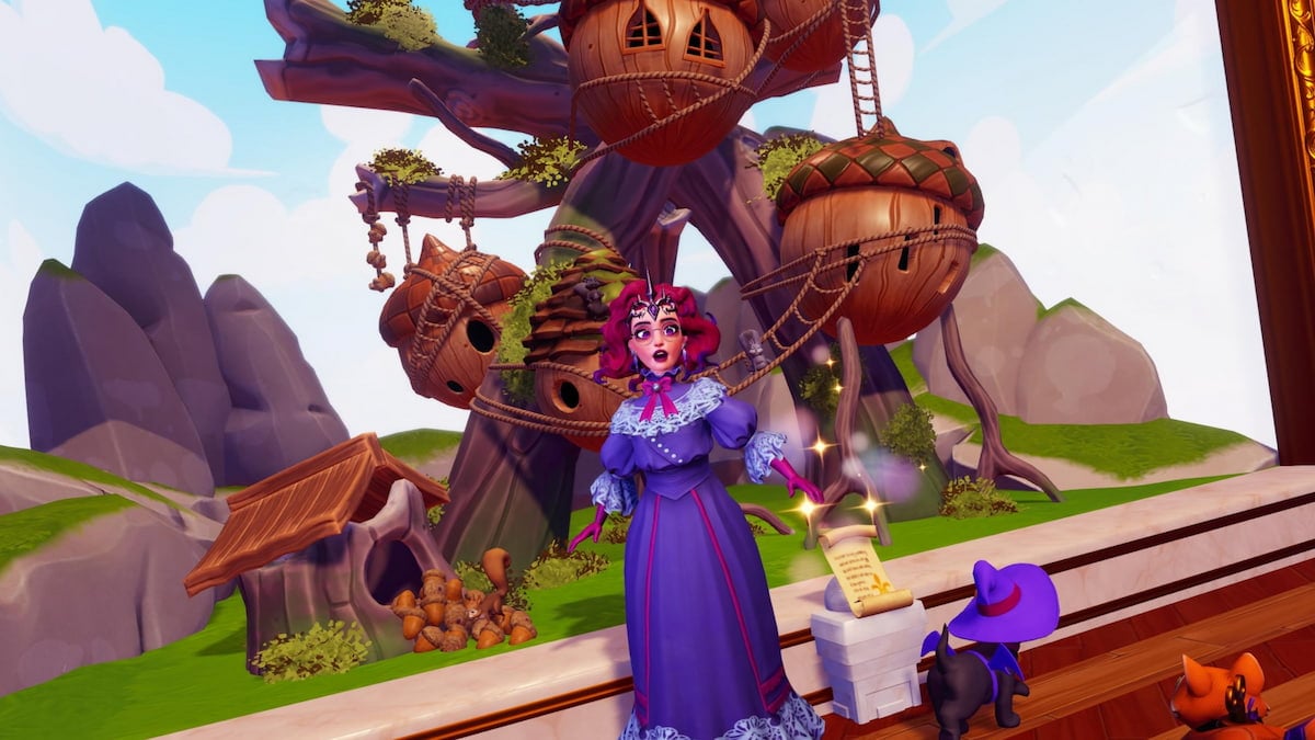 Posing by squirrel habitat in plaza room in disney dreamlight valley