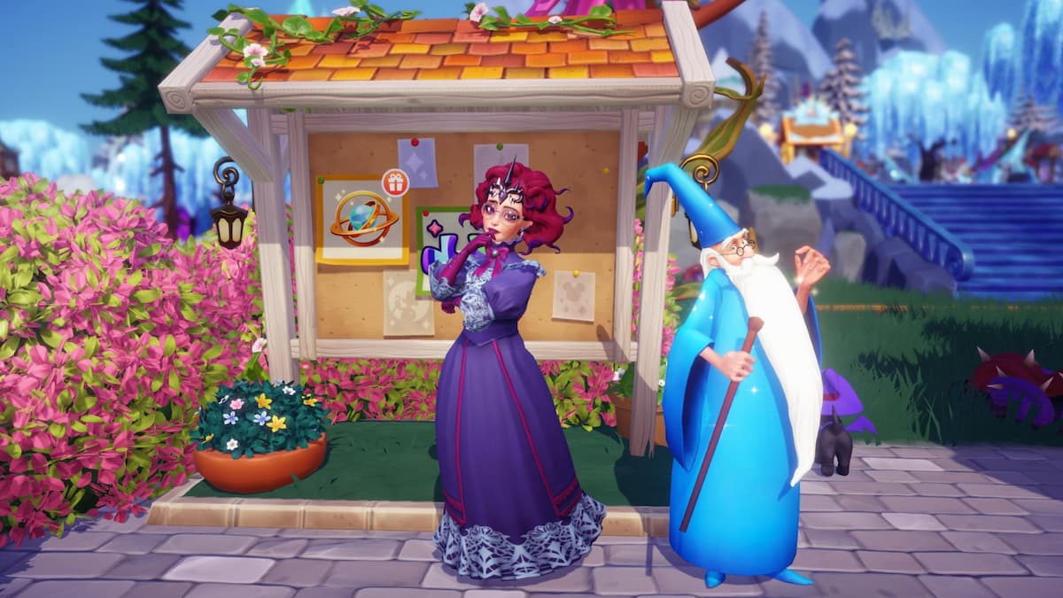 Standing by the event board with merlin in disney dreamlight valley