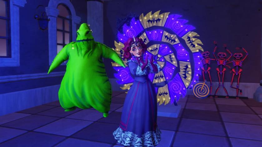 standing with oogie boogie and his wheel in disney dreamlight valley