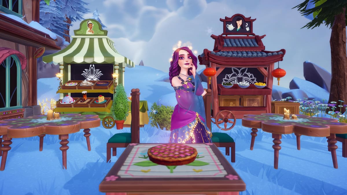 Standing by whimsical pie on table in disney dreamlight valley
