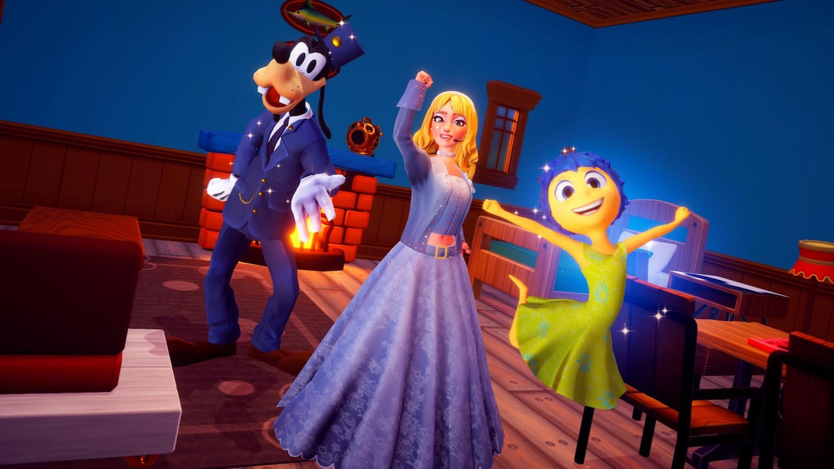 Standing with joy and goofy inside goofy's house in disney dreamlight valley