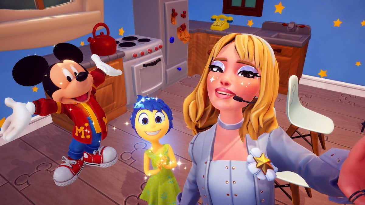 Taking a picture with joy and mickey in disney dreamlight valley