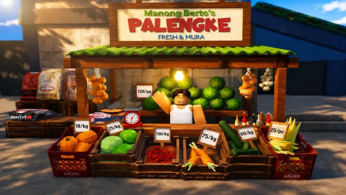 Tara Samgyup featured artwork showing a smiling Roblox vendor behind a colorful Filipino market stall filled with vegetables and produce.