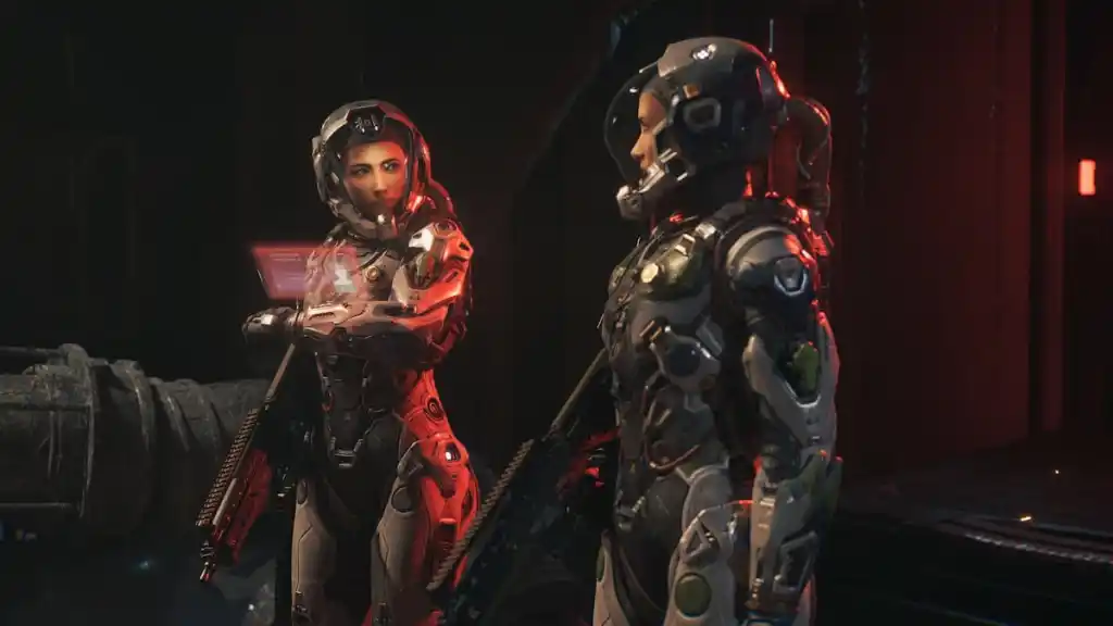 Two characters speaking to each other in The Expanse: Osiris Reborn. 