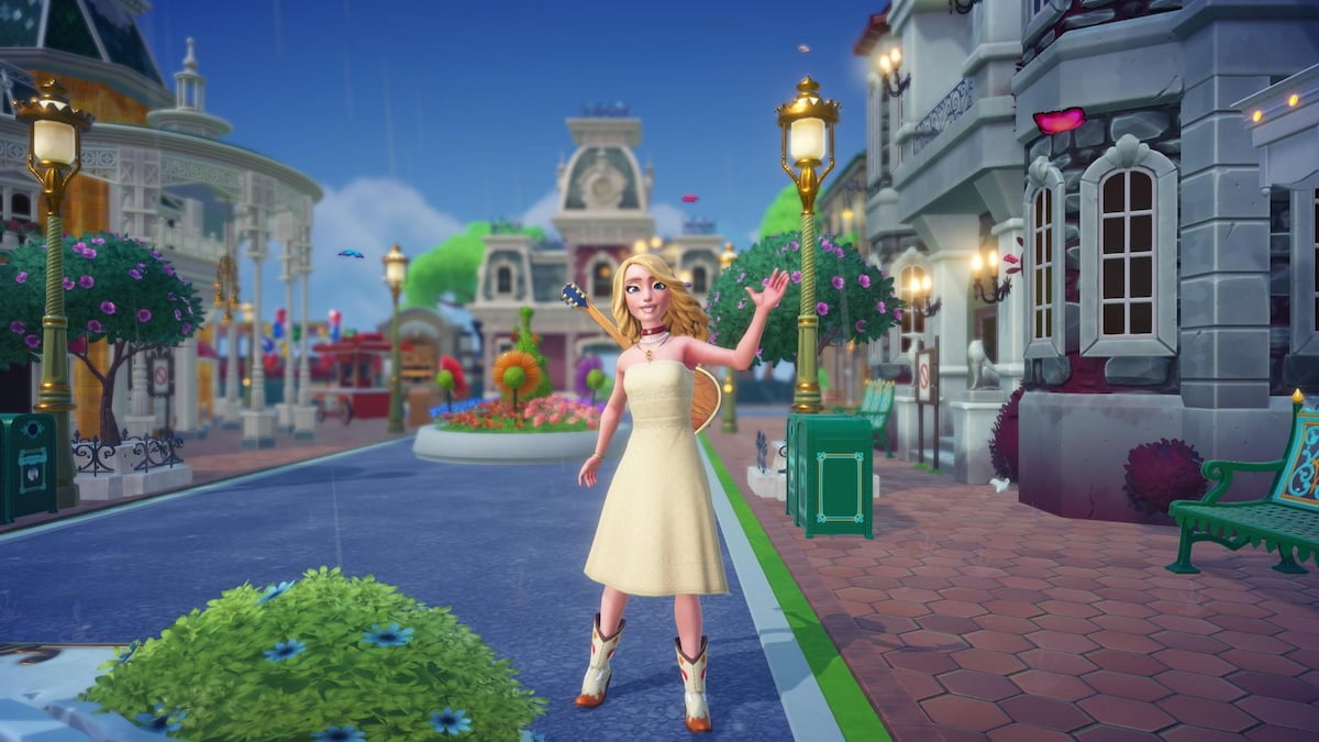 Waving on main street on parks floating festival island in disney dreamlight valley