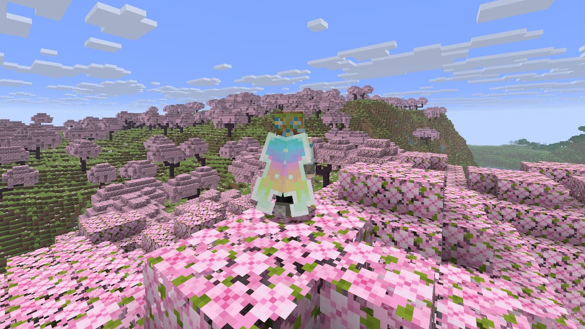 Player in cherry blossom biome wearing aurora cape in minecraft