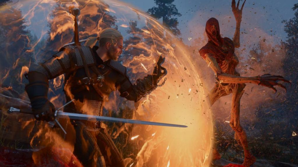 Geralt fighting a strange enemy while using Quen to defend himself in The Witcher 3: Songs of the Past.