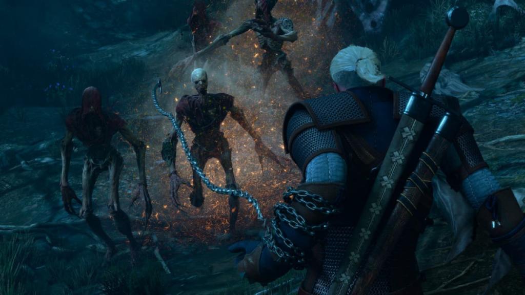 Geralt fighting strange enemies while using a hook in The Witcher 3: Songs of the Past.