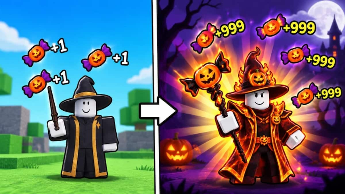 +1 Magic Loot game artwork showing a basic wizard transforming into a powerful Halloween-themed mage surrounded by glowing pumpkin candy rewards.