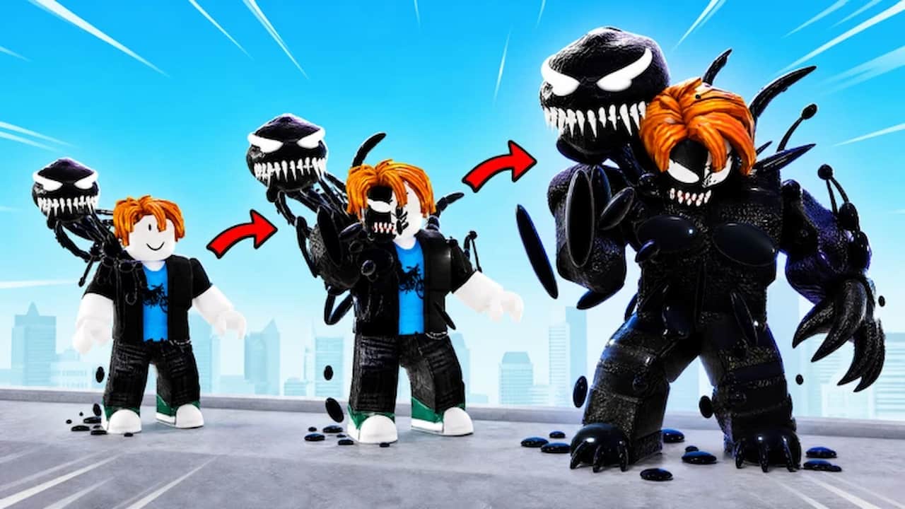 +1 Venom Evolution codes artwork showing a Roblox character gradually transforming into a large black Venom-like creature.
