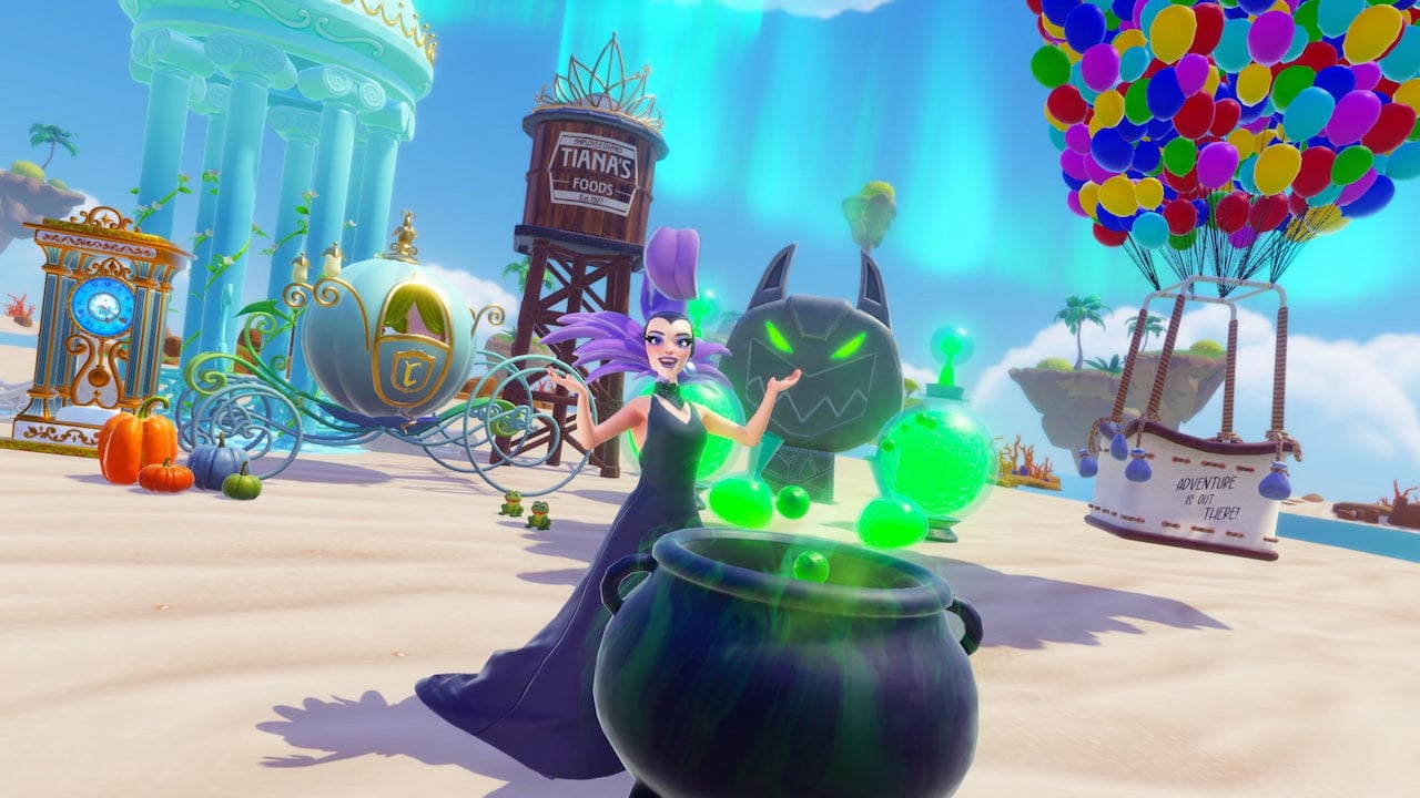 Player dressed as yzma standing in front of teasers for 2027 in disney dreamlight valley