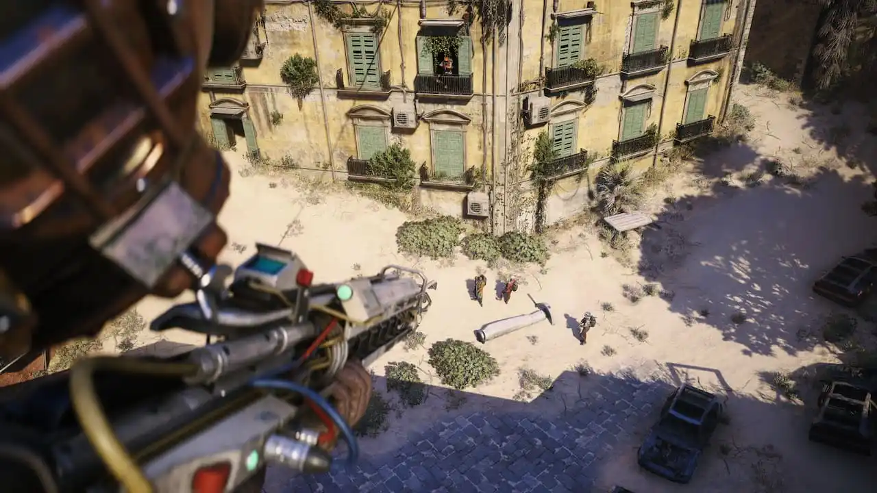 A raider aims his gun at three others by an Arc Probe in ARC Raiders' Buried City.