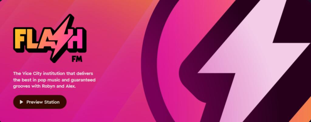 The Flash FM Preview shows a lightning bolt and the text "Flash FM" in a stylized font, showcasing GTA 6's pop station.
