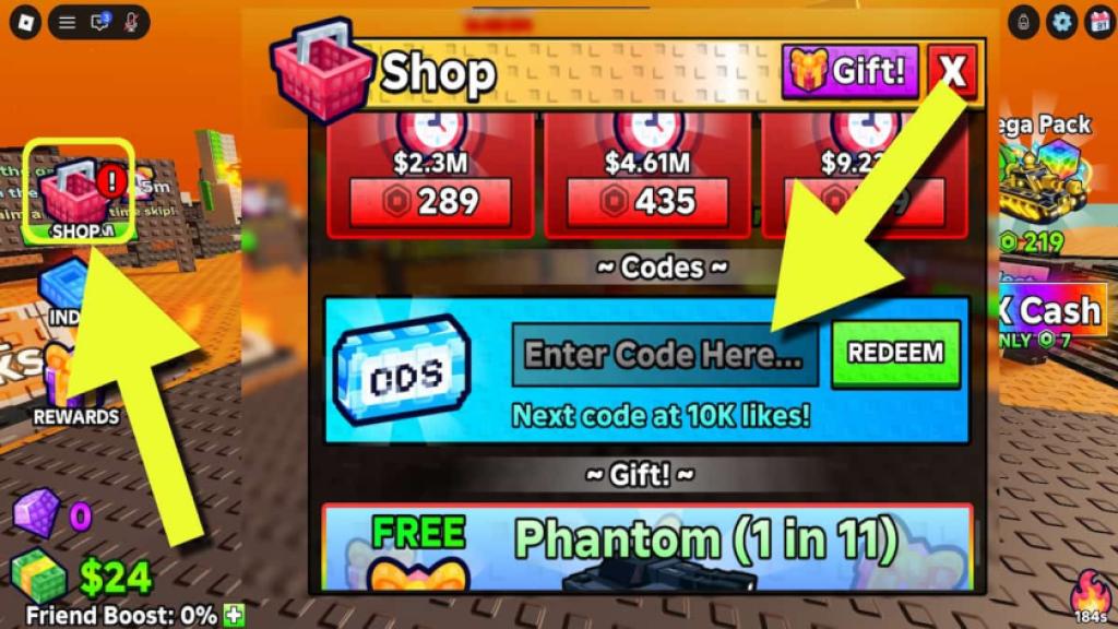 Destroy a Vault codes redemption system inside the Shop menu