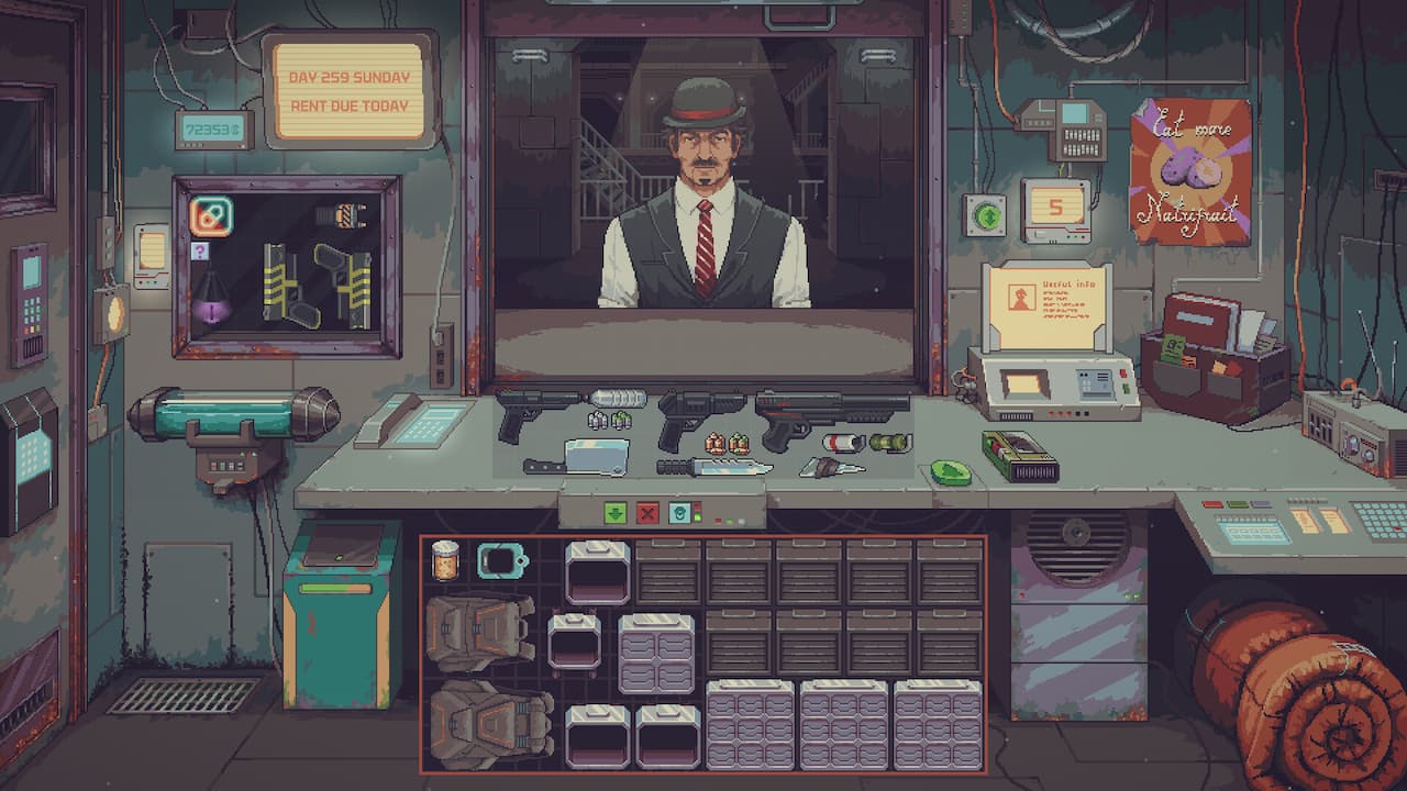 A man with a moustache, hat, tie, and suit vest is at the store counter in Probably Stolen.