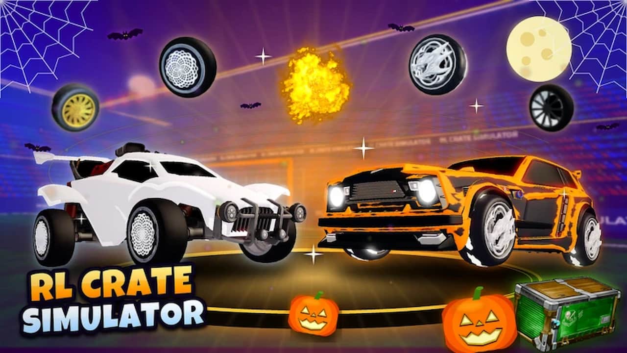 RL Crate Simulator artwork showing two Rocket League-style cars, floating wheels, a crate, and Halloween decorations in a neon arena.