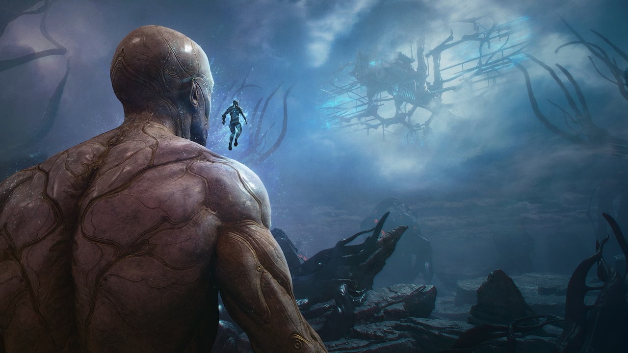 A Warframe stands next to the Vessel with Praghasa on the background in Warframe.