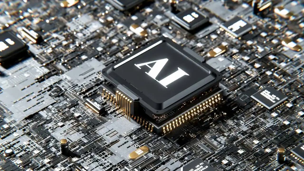 A stock image of AI represented as a microchip on a motherboard.