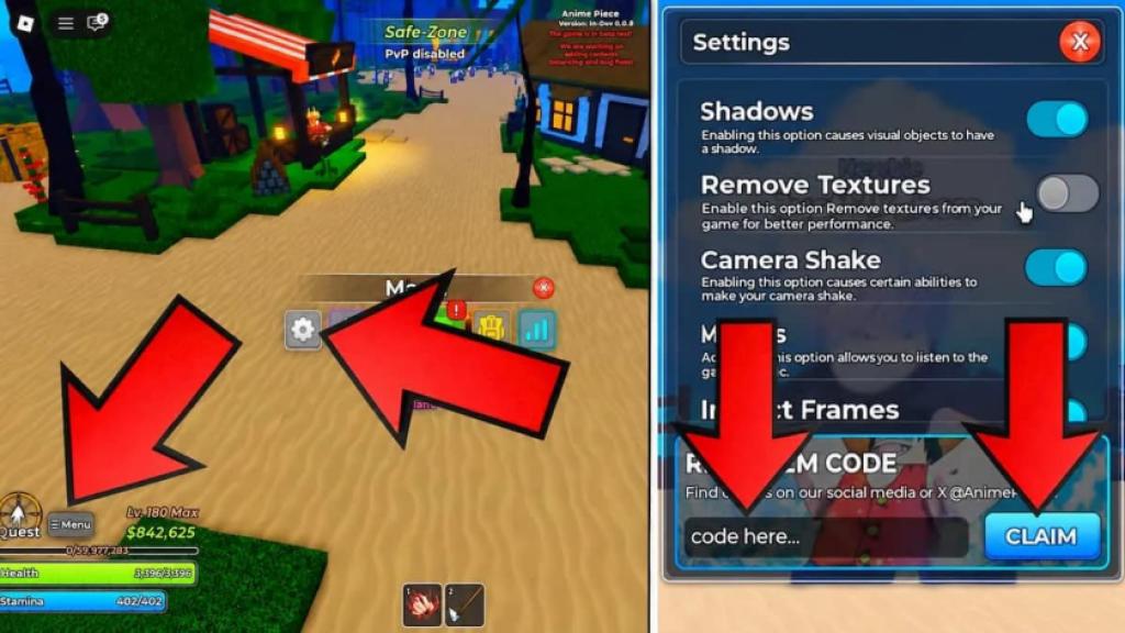 How to redeem Anime Piece codes in Roblox by opening the Menu and Settings, entering a code in the redeem field, and clicking Claim.