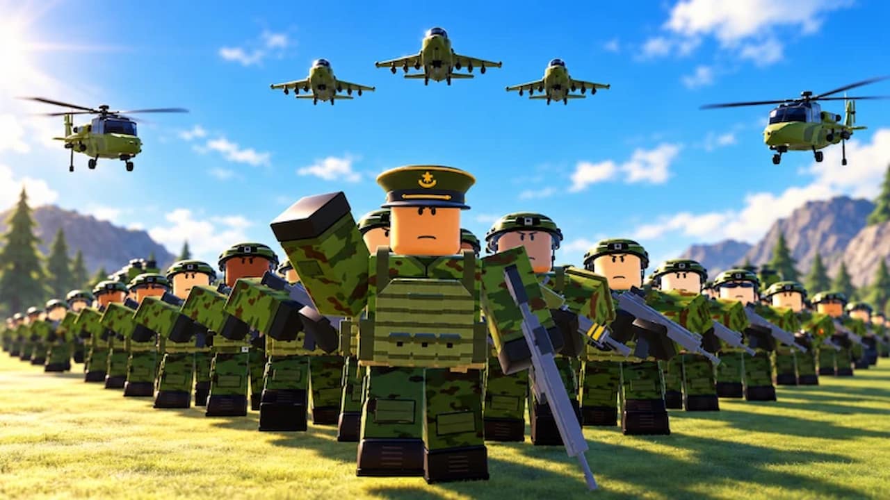 Army Commander Tycoon game artwork showing a Roblox military commander leading a large formation of armed soldiers, with helicopters and fighter jets flying overhead.