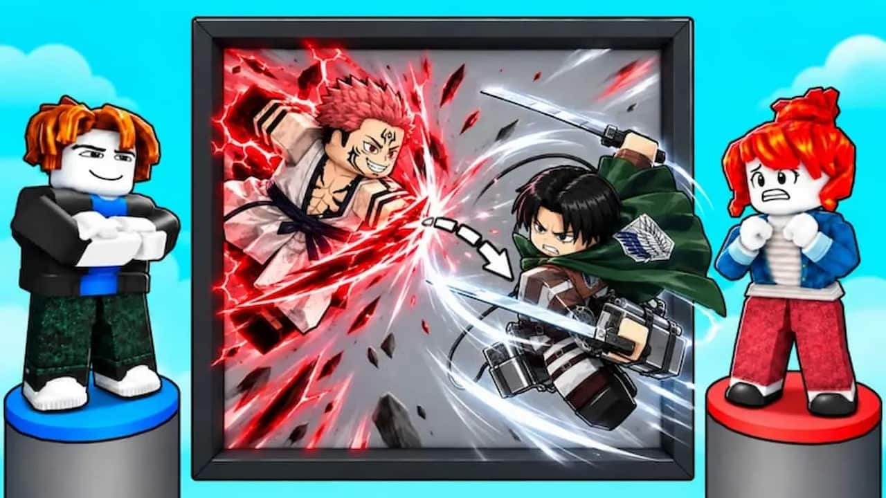 Anime vs Anime official artwork showing two Roblox players watching anime-inspired fighters clash inside a framed battle scene.