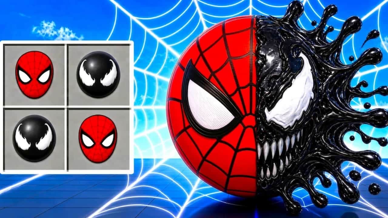 Create Your Ball artwork showing a Spider-Man-inspired ball merging with a black symbiote-style design against a web-covered blue background.
