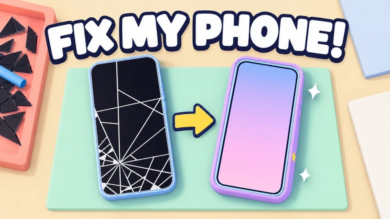 Fix My Phone codes artwork showing a cracked smartphone transforming into a repaired phone with a clean screen.