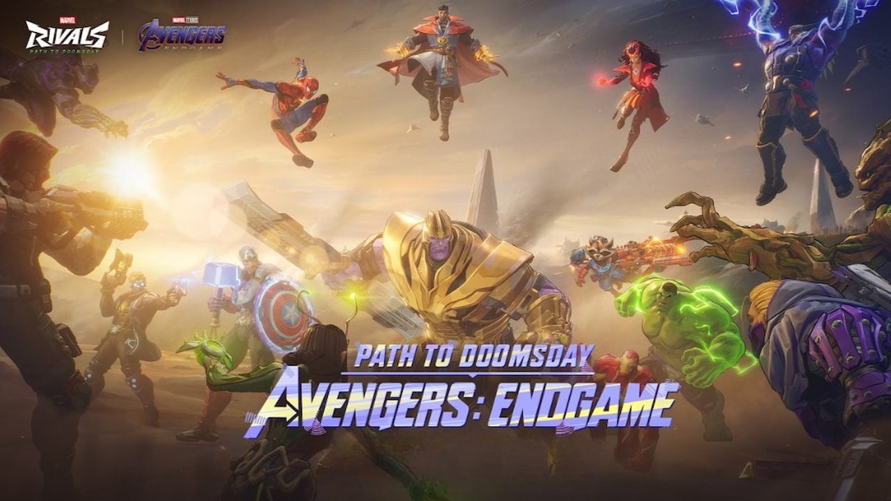 A group of avengers gathered around thanos in marvel rivals endgame event mode