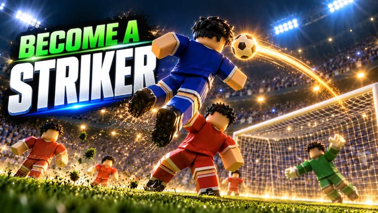 Become a Striker codes artwork showing a Roblox soccer player leaping for a shot near the goal under stadium lights.