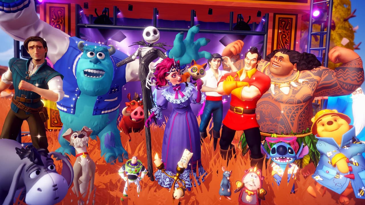 Posing with a large group of male villagers in disney dreamlight valley