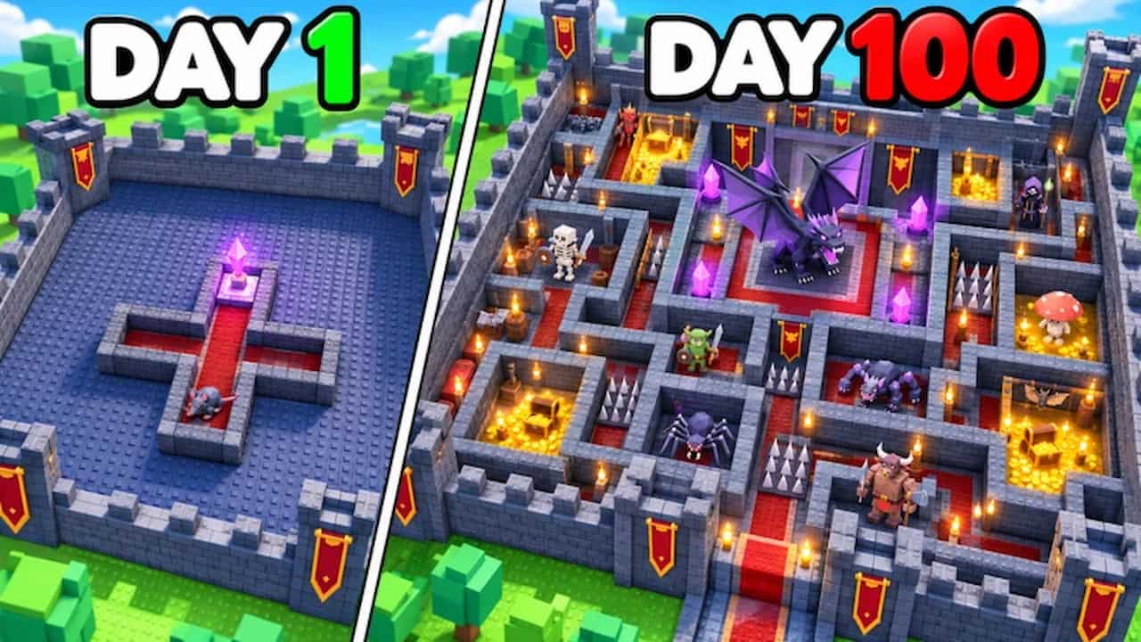Build a Dungeon game artwork comparing a simple Day 1 dungeon with a heavily upgraded Day 100 dungeon filled with monsters, traps, treasure, and glowing crystals.