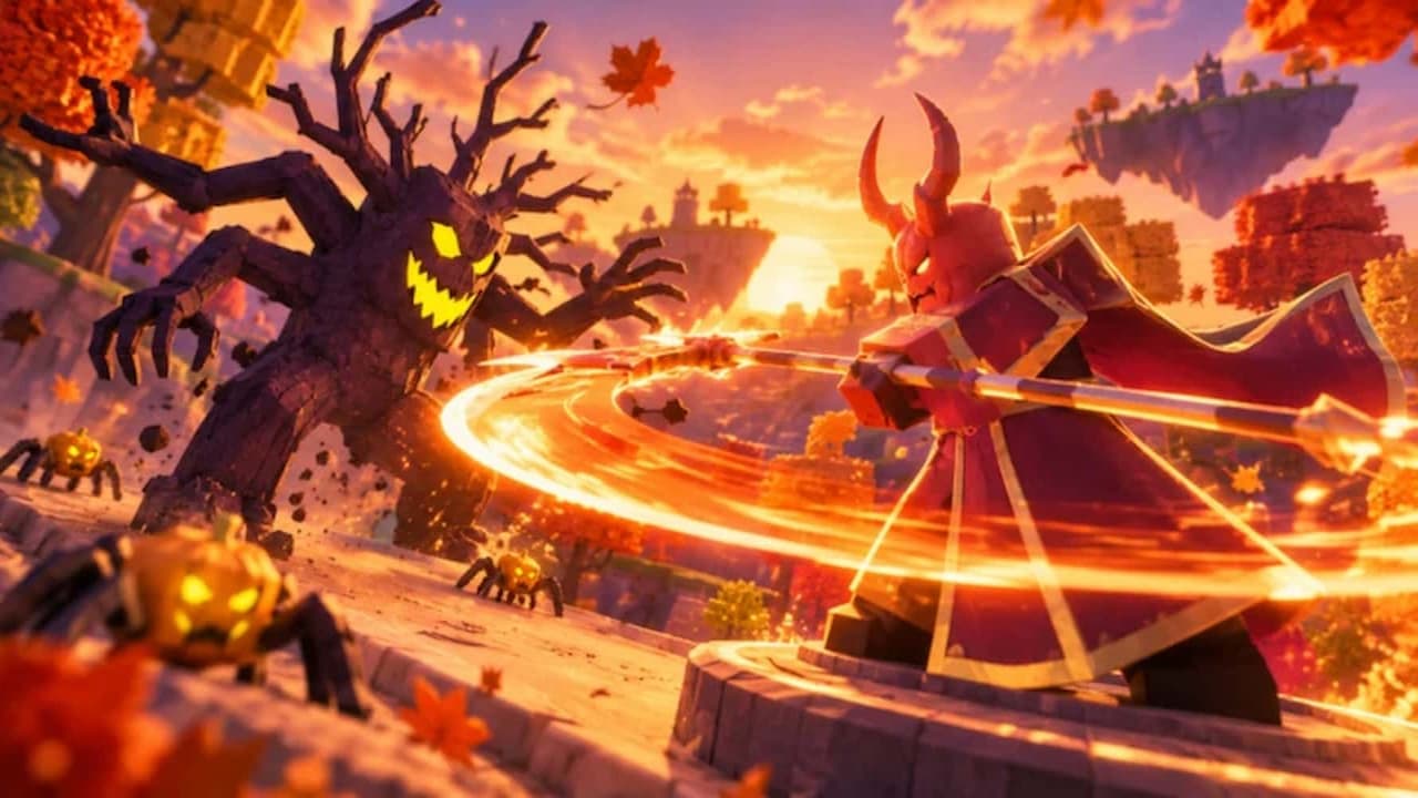 Build a Tower Defense artwork showing a horned warrior attacking a sinister tree monster and pumpkin-like enemies in a fiery autumn battlefield.