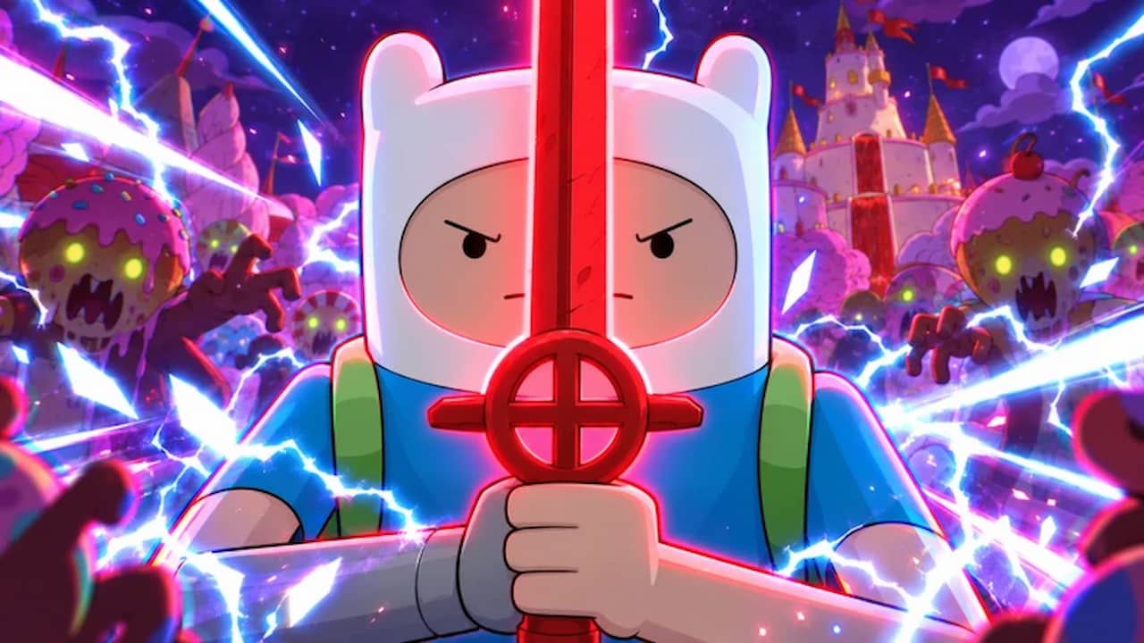 Candy Kingdom Defense codes artwork showing Finn holding a glowing red sword while surrounded by candy monsters and lightning.