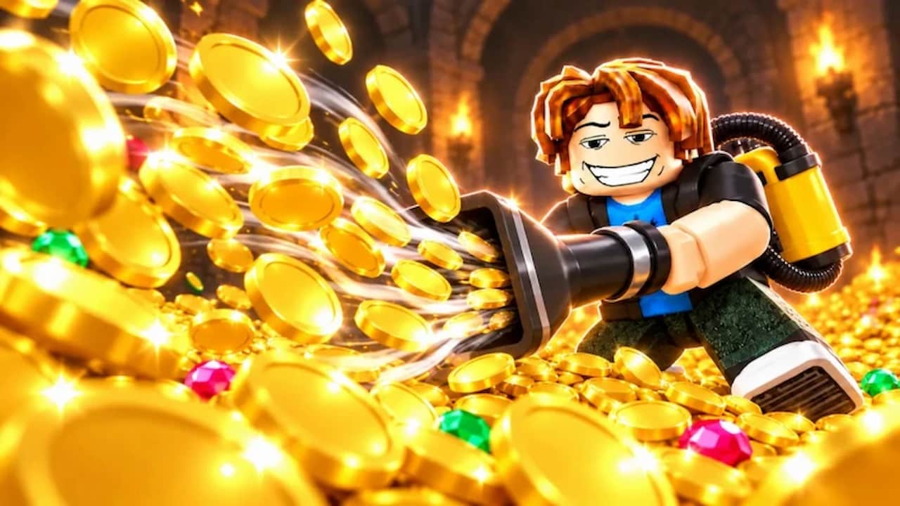 Collect The Coins codes official artwork showing a Roblox character vacuuming up piles of glowing gold coins and colorful gems inside a treasure-filled dungeon.