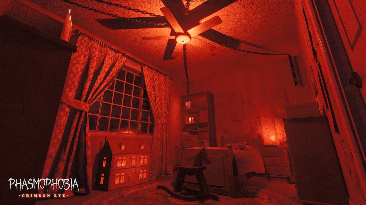 A nursery covered in red light for crimson eye event in phasmophobia