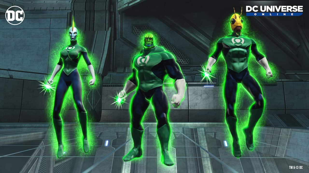 DC Universe Online artwork showing three Green Lanterns surrounded by glowing green energy inside a futuristic facility.