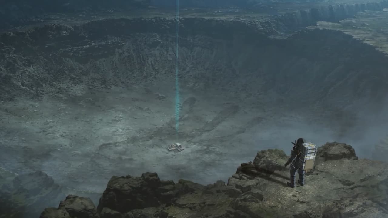 A courier standing above a crater in Death Stranding Isolations.