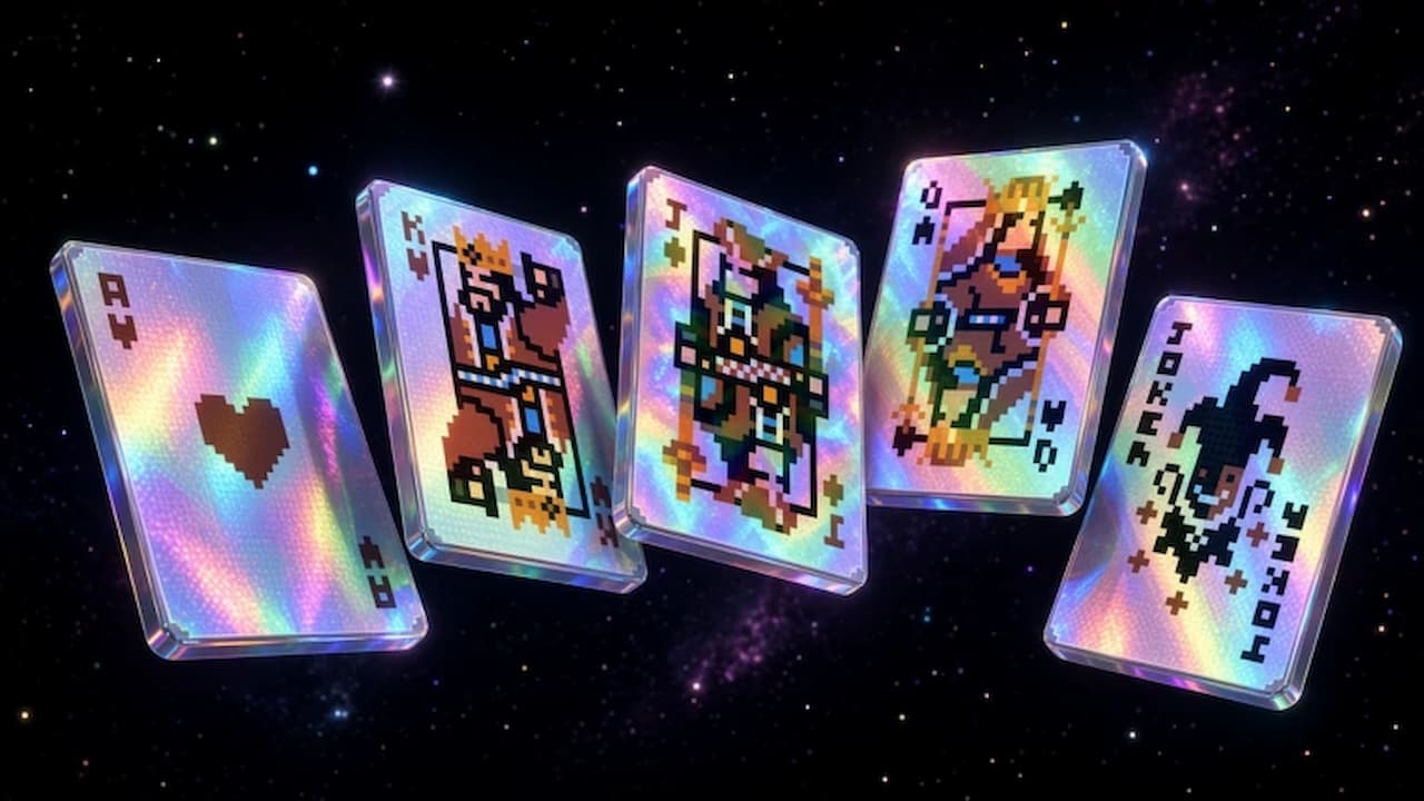 Draw A Card codes Roblox artwork showing holographic pixel-art playing cards floating against a starry space background.
