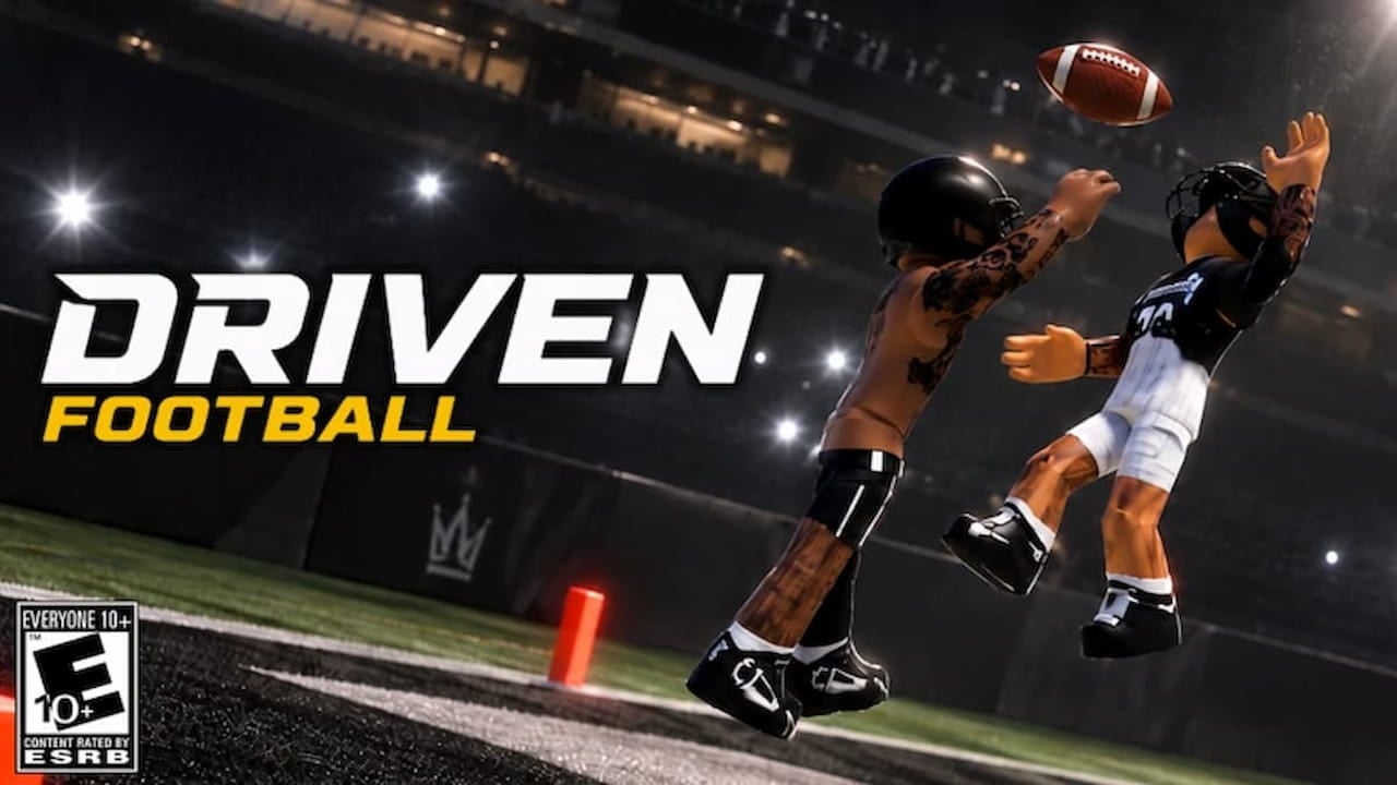 Driven Football game artwork showing two Roblox football players contesting a pass in a stadium, with the Driven Football logo on the left.