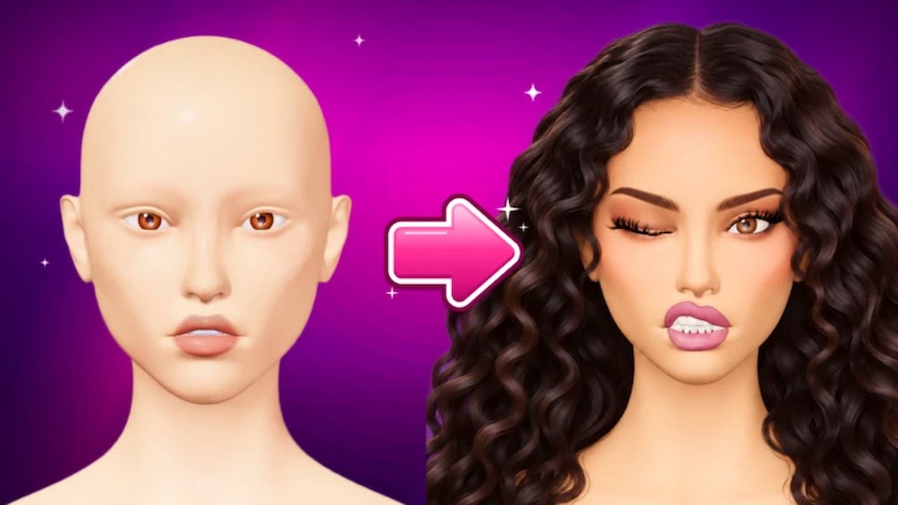 Facecard Makeup Showdown codes artwork showing a before-and-after makeover with a bald character transforming into a glamorous look with styled hair and makeup.