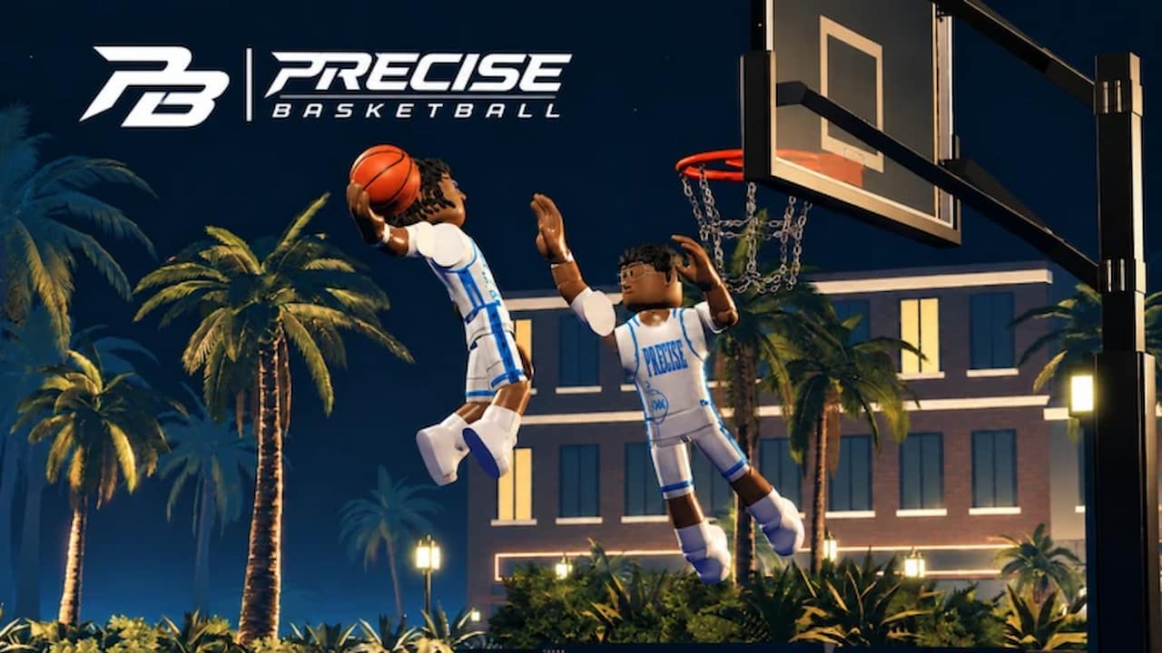 Precise Basketball featured artwork showing two Roblox basketball players contesting a shot at an outdoor court at night, with the Precise Basketball logo above.