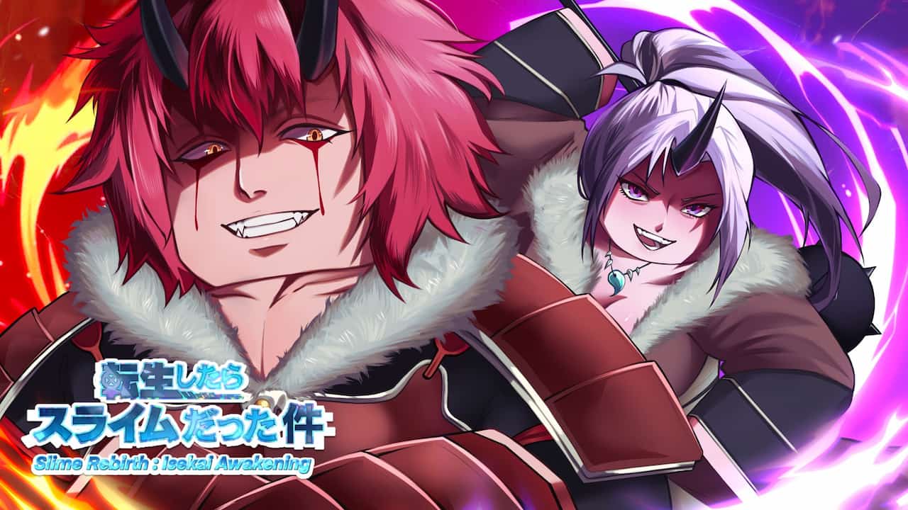 Slime Rebirth: Isekai Awakening featured artwork showing two horned anime-style characters surrounded by red and purple magical energy.