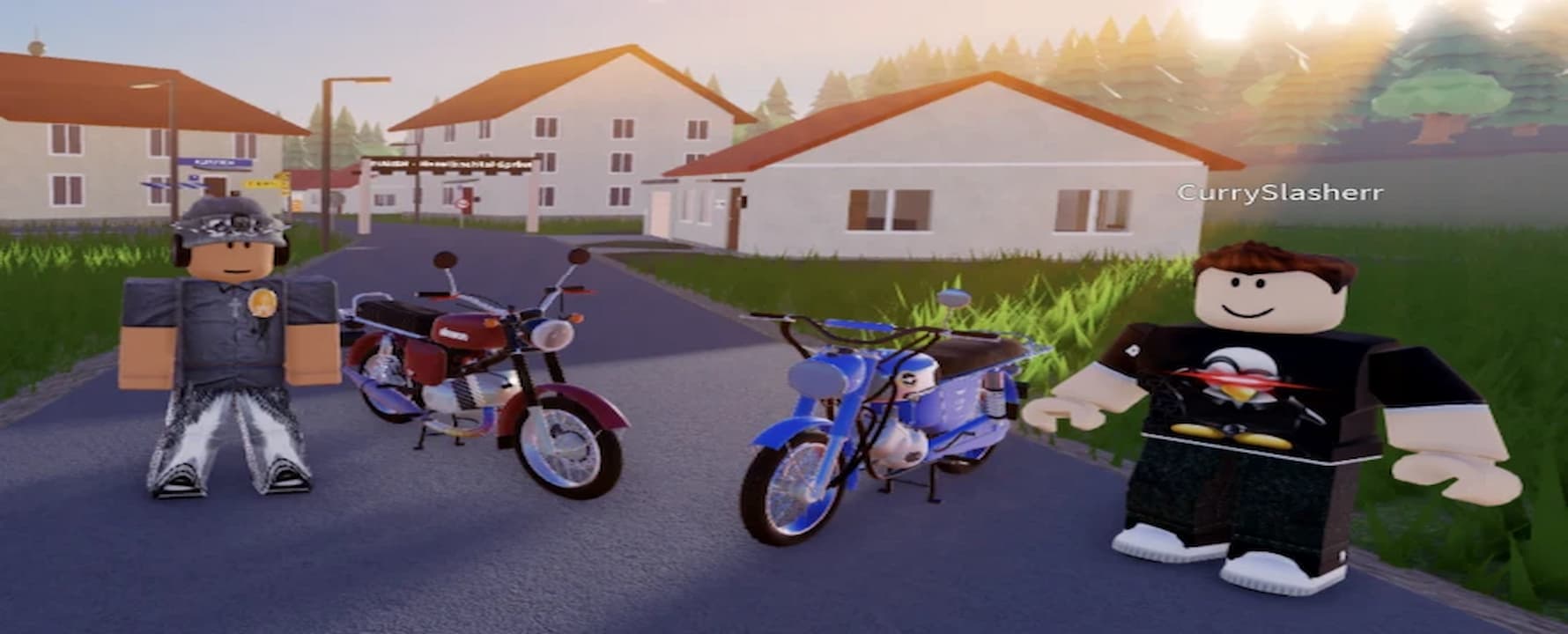 German Moped Days artwork showing two Roblox players standing beside red and blue mopeds on a village road at sunset.
