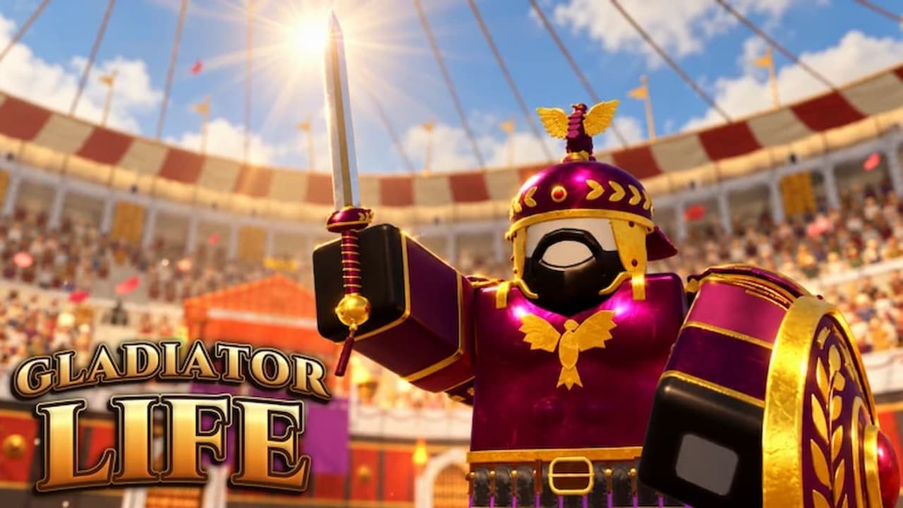 Gladiator Life official artwork showing a Roblox gladiator in purple-and-gold armor holding a sword and shield inside a crowded arena.