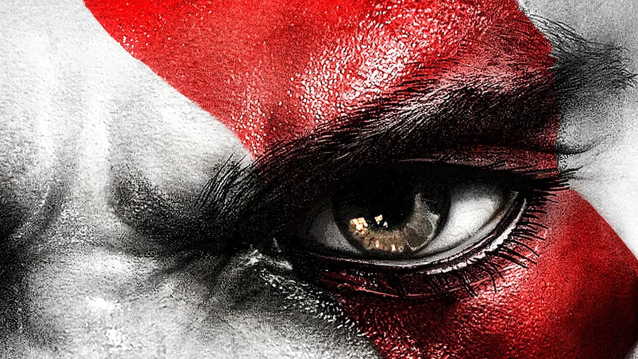 Kratos looking at the camera in God of War.